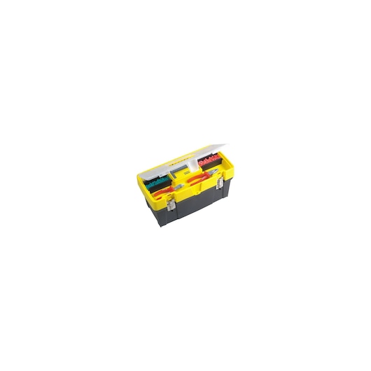STANLEY 1-93-285 toolbox with yellow lid, two metal latches, and visible compartment organizers, angled view.