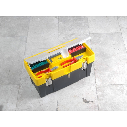 Photo of STANLEY 1-93-285 yellow and black toolbox with open lid, showing compartments and tools, angled view.