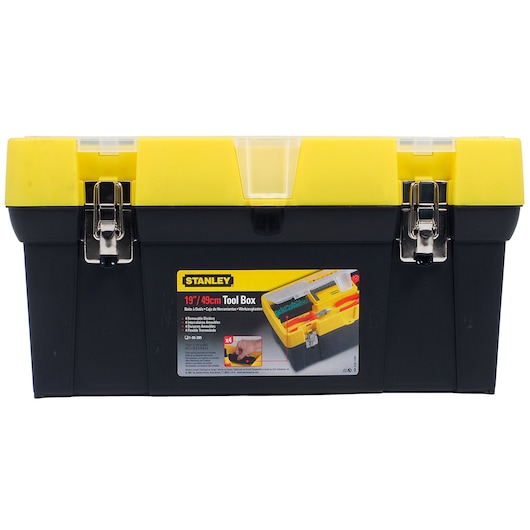 STANLEY 1-93-285 tool box front angle, black and yellow with metal latches and central transparent compartment.
