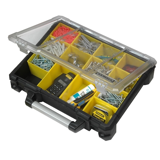 STANLEY 1-93-293 compartment organizer box with yellow dividers, clear lid, filled with tools and hardware, angled view.
