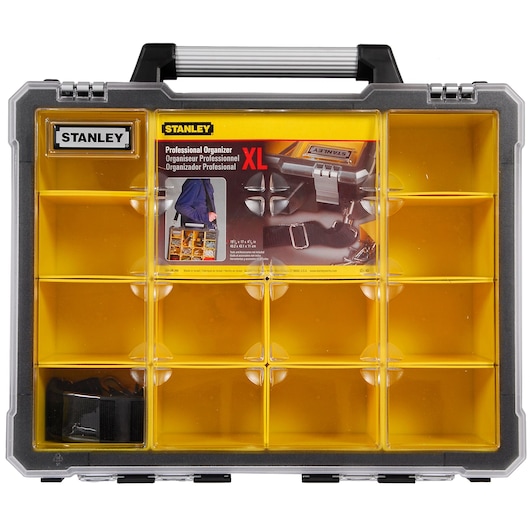 STANLEY 1-93-293 professional organizer, yellow compartment box, front angle, clear lid, black handle.