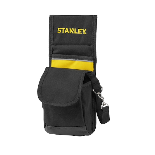 Photo of STANLEY 1-93-329 black and yellow tool pouch, front angle, with flap cover and metal clip.