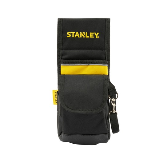 Front view of STANLEY 1-93-329 black and yellow tool pouch with flap, pocket, and key clip.
