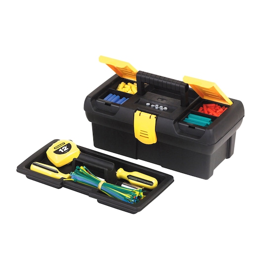 STANLEY 1-93-333 black and yellow toolbox with removable tray, open compartments, and assorted tools, angled view.