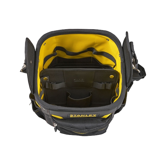 STANLEY 1-93-952 tool bag with multiple interior pockets, top view, black and yellow fabric.