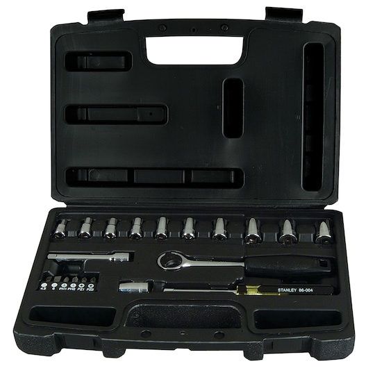 Stanley 1-94-649 socket set with ratchet and screwdriver bits in black case, front angle.