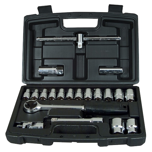 Stanley socket set in a black plastic case with ratchet, extensions, and sockets organized inside.