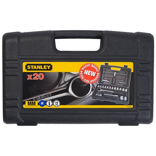 STANLEY 1-94-650 tool set case, black, front view, includes 20 pieces in durable carrying box.