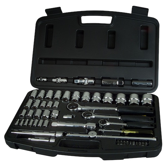 Stanley socket and ratchet set in a black plastic case with multiple tools organized inside.