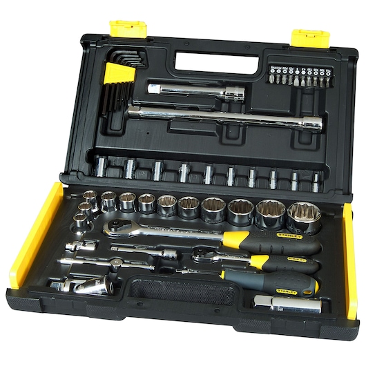Stanley socket and ratchet set in a black hard case, with various tools organized inside.