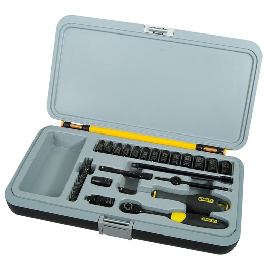 STANLEY 1-94-661 socket and ratchet set in gray hard case, top view, assorted socket sizes and bits.