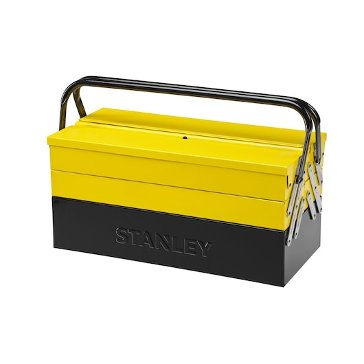 STANLEY 1-94-738 yellow and black metal cantilever toolbox, front angle on white background.