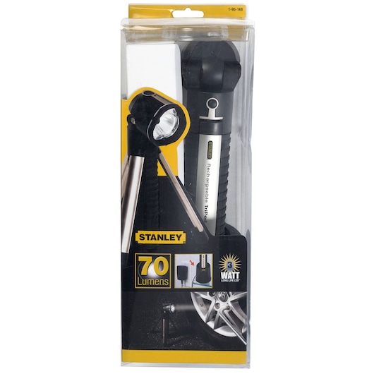 Stanley 1-95-148 rechargeable tripod LED work light in retail packaging, front angle.