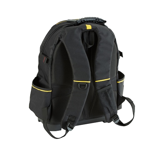 STANLEY 1-95-611 black tool backpack rear angle, padded straps, yellow accents, white background.