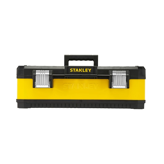 STANLEY 1-95-614 yellow and black toolbox with metal latches, front angle, white background.