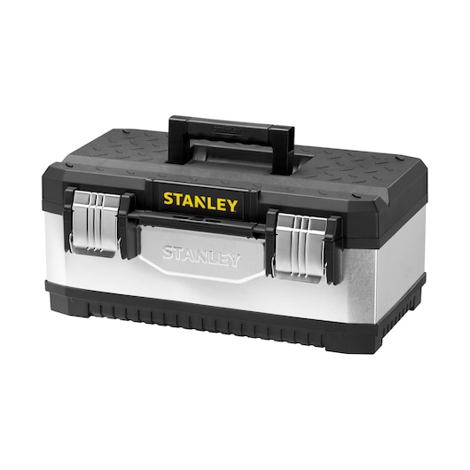 STANLEY 1-95-618 toolbox, silver and black, front angle, metal latches, durable plastic handle.