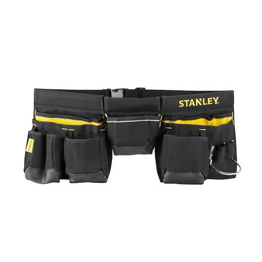 STANLEY 1-96-178 tool belt photography, black and yellow, multiple pockets, front angle, white background.
