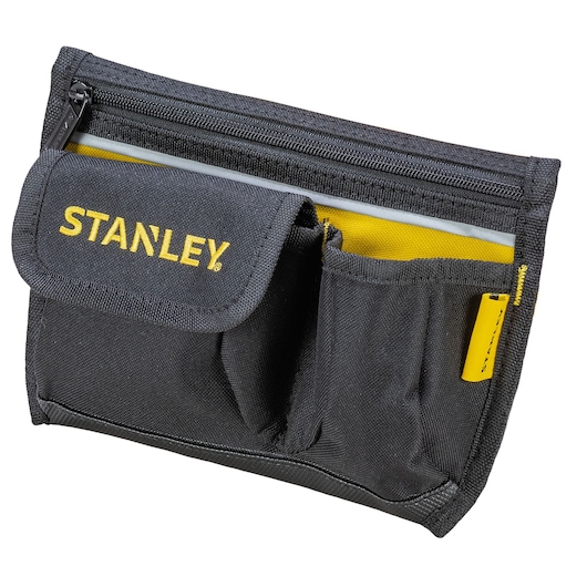 STANLEY 1-96-179 black fabric tool pouch with multiple pockets and zippered compartment, angled on white background.