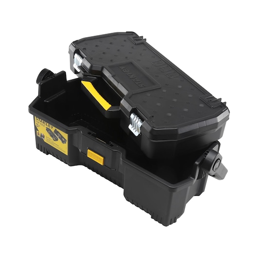 STANLEY 1-97-506 black tool box with yellow handle, open top view, photography on white background.