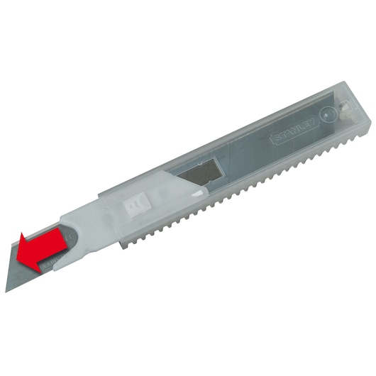STANLEY 2-11-718 utility knife blade dispenser with clear plastic body, red arrow indicates blade end, product photography.