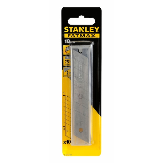 STANLEY FATMAX 2-11-718 snap-off utility blades pack, silver blades in black and yellow packaging, front view.
