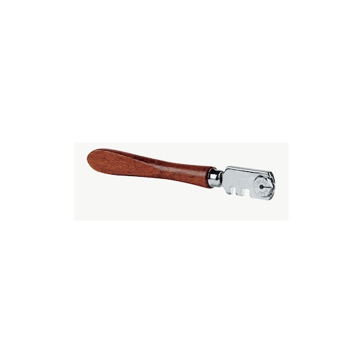 STANLEY 2-14-041 glass cutter with wooden handle, side angle, photographed on white background.