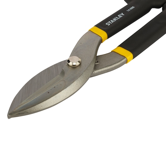 STANLEY 2-14-556 aviation snip with yellow and black handles, side angle, on white background.