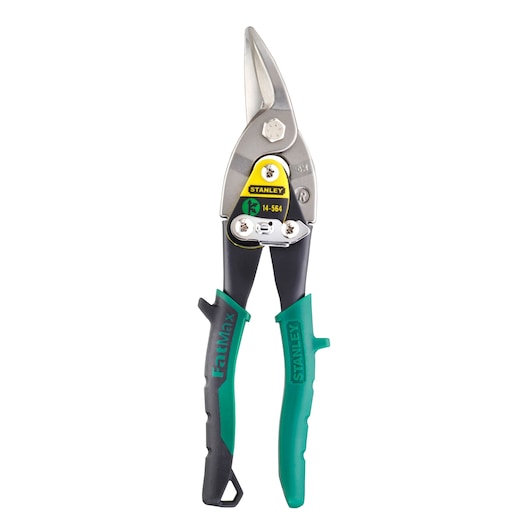 Stanley FatMax green-handled aviation snips, model 14-564, for cutting sheet metal or similar materials.