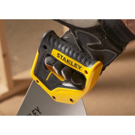 Photo of STANLEY 2-15-281 handsaw handle with yellow and black ergonomic grip, close-up view.