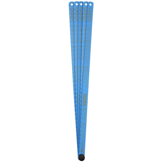 STANLEY 2-15-558 blue hacksaw blades set, pack of five, metal cutting tools, straight angle on white background.