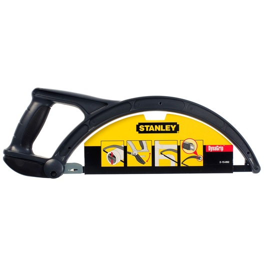 STANLEY 2-15-892 DynaGrip hacksaw, side angle, black ergonomic handle with yellow branding.