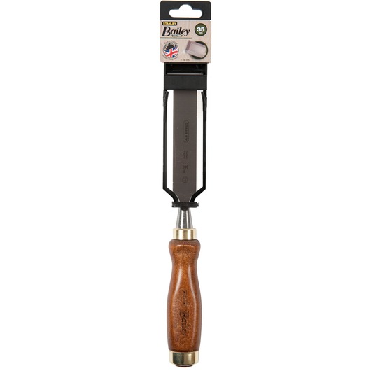 STANLEY 2-16-395 woodworking chisel with wooden handle, front angle, white background.