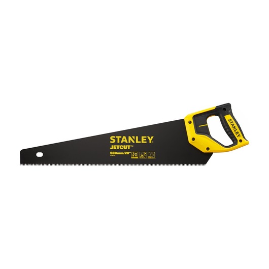 STANLEY 2-20-151 hand saw with yellow and black handle, side view on white background.
