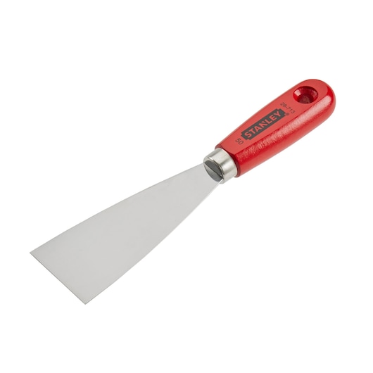 Stanley metal putty knife with red handle and wide blade, suitable for scraping or spreading tasks.