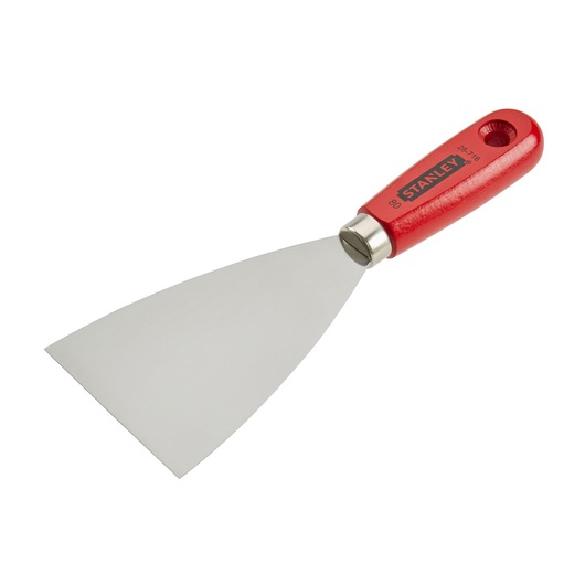 Stanley putty knife with red handle and wide metal blade for scraping or spreading compound.