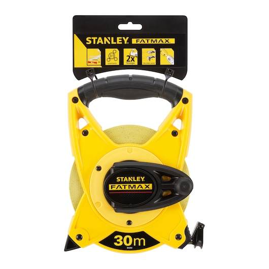 Photo of STANLEY FATMAX 2-34-814 open reel tape measure, 30m length, yellow and black, front angle on white background.