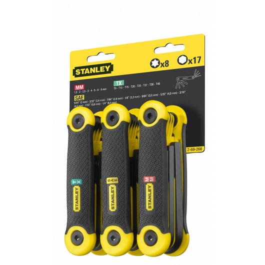 STANLEY 2-69-268 hex key set with three yellow and black folding holders, photographed in packaging at an angle.