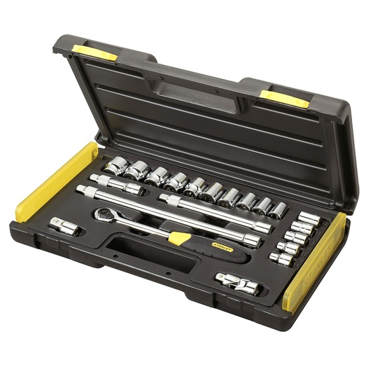 Stanley socket wrench set in black and yellow case with multiple sockets and tools arranged neatly.