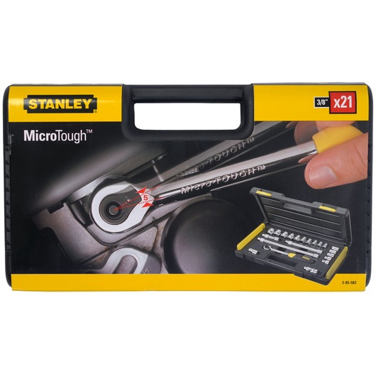 Photo of STANLEY 2-85-583 socket set, 21-piece MicroTough set in black and yellow carrying case, front angle.