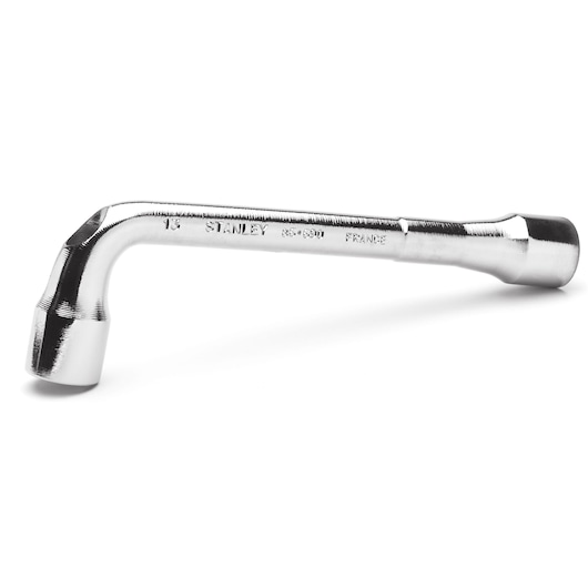 Stanley chrome-plated L-shaped socket wrench for tightening or loosening bolts and nuts.