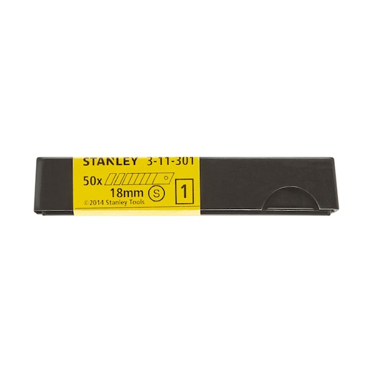 STANLEY 3-11-301 utility blade pack, 18mm, yellow label, photography, front angle on white background.