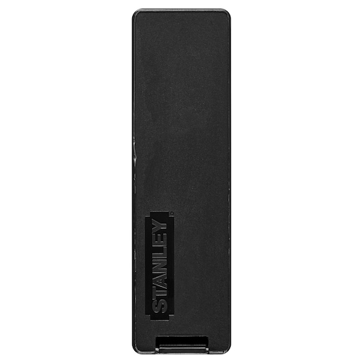 Photo of STANLEY 3-11-718 black rectangular blade storage case, photography, front angle, logo embossed.