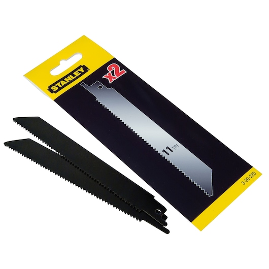 STANLEY 3-20-220 saw blades, black, set of two, in packaging, photography with white background.