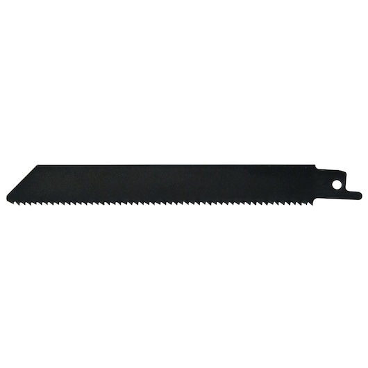 STANLEY 3-20-220 black saw blade, photography, side angle on white background.