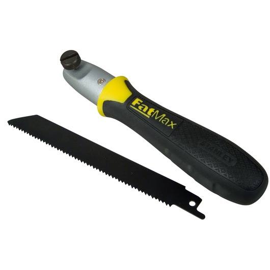 Stanley FatMax handheld saw with removable black blade for detailed cutting tasks.