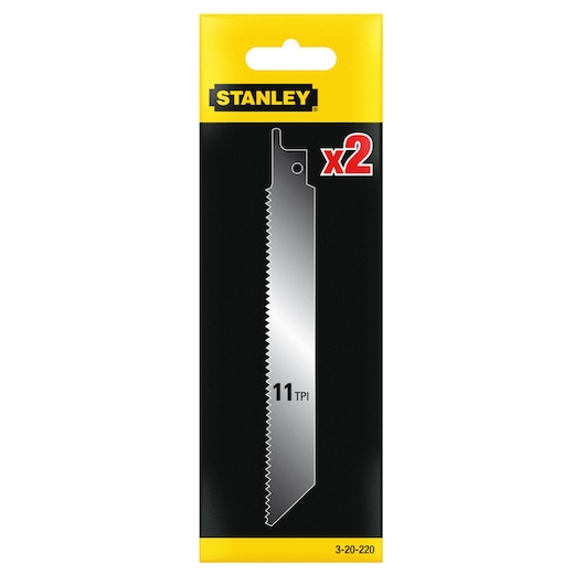 STANLEY 3-20-220 saw blade set packaging, 11 TPI, black and yellow color, front angle.