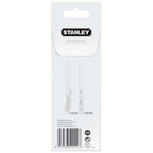 Photo of STANLEY 3-20-220 product packaging with tool diagrams and barcode, rear view.