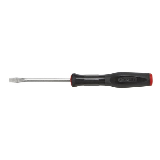 Stanley flathead screwdriver with black and red handle for manual fastening tasks.