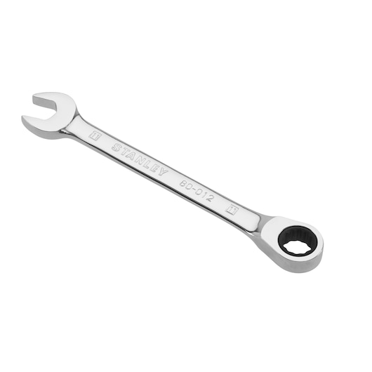 STANLEY 4-80-012 chrome combination ratcheting wrench, angled view, white background.