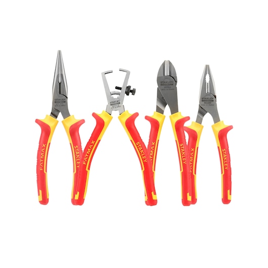 Stanley 4-84-489 pliers set with red-yellow handles, front angle on white background.